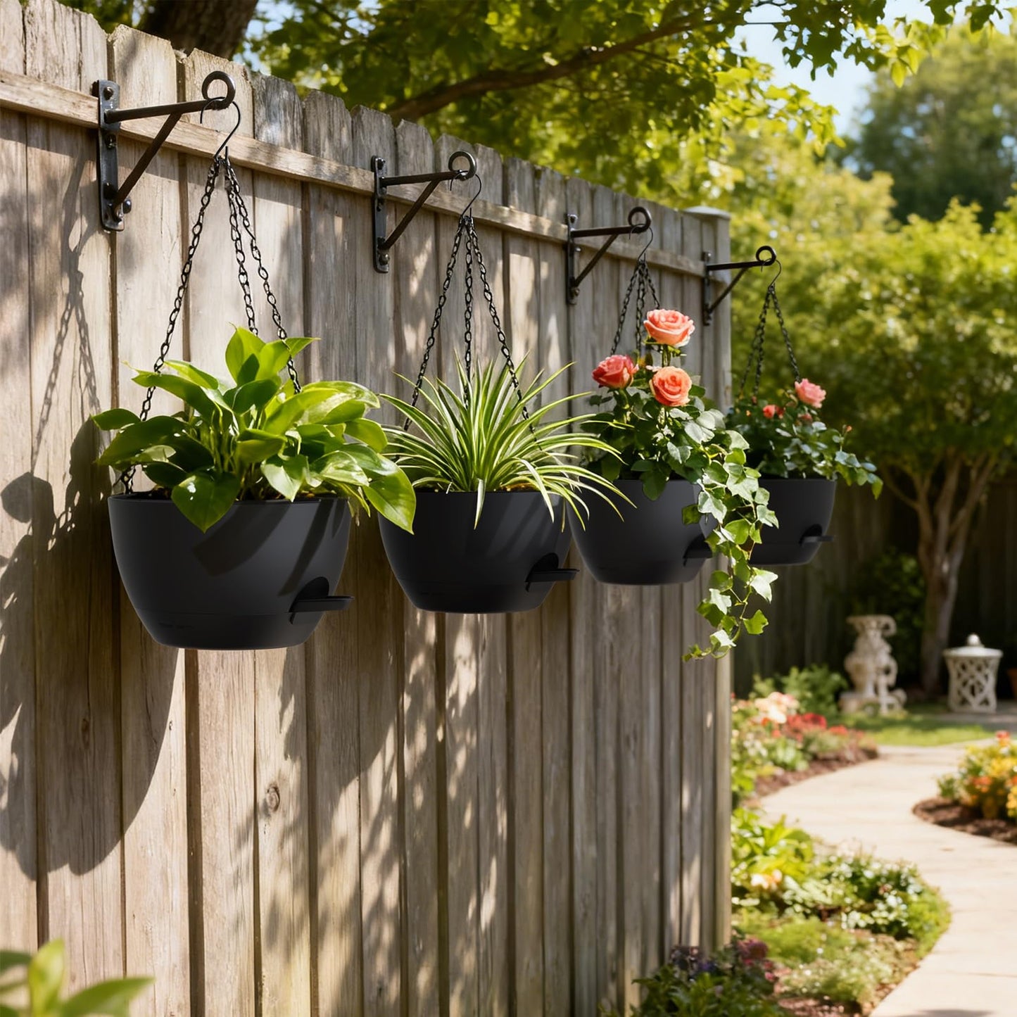 UOUZ 4 Pack 8 Inch Self Watering Hanging Planters for Indoor Outdoor Plants,Hanging Pots for Plants with Drainage Removable Tray, Hanging Baskets Flower Pots for Ivy Pothos Spider Garden Porch Black