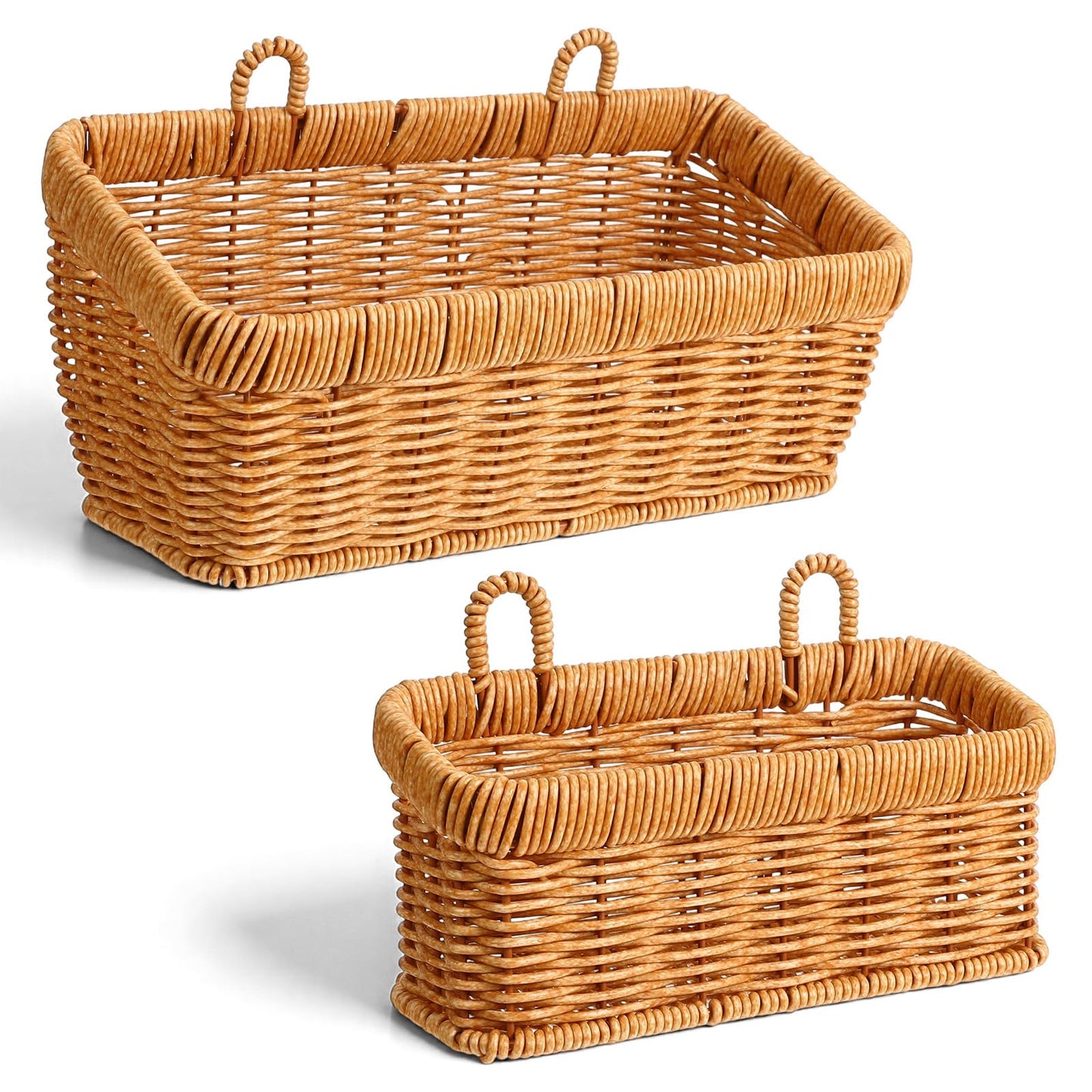 2 Pcs Wall Hanging Basket Wall Mount Pantry Fruit Basket Boho Style Decor Storage Baskets Adhesive Bathroom Cabinet Organizer for Bathroom Kitchen Garden Living Room with 4 Hooks