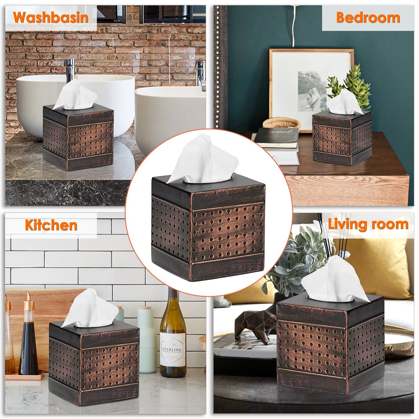 Kokone Tissue Box Cover Sturdy Galvanized Iron Square Tissue Box with Baked-on Paint Finish for Home,Office Elegant Cube Tissue Holder for Vanity Dresser Night Stand Toilet Tank Countertop,Bronze