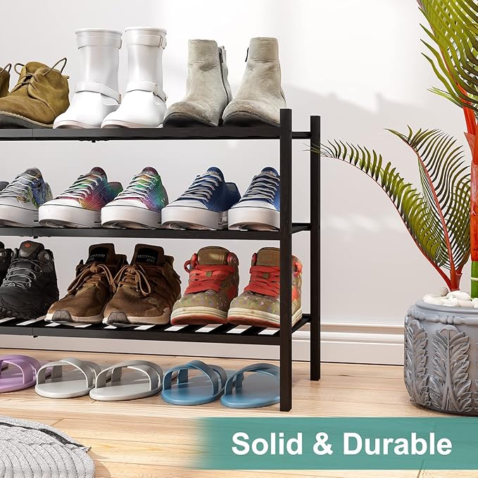 viewcare 3-Tier Long Black Shoe Rack, Bamboo Wood Shoe Rack