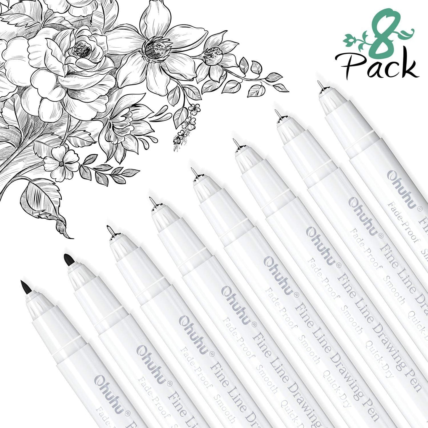 Ohuhu Fineliner Pens Micro Drawing Pens: 8-size Tips (Ultra-fine, Fine & Brush) Waterproof Pigment Black Ink for Illustration Drawing Journaling Sketching for Artist Beginners