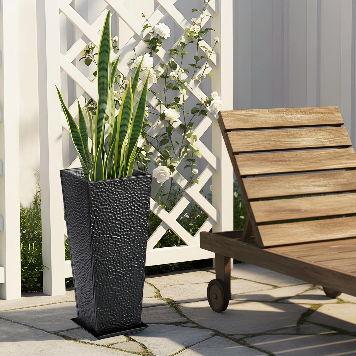 BAYN 2-Pack 24" Tall Metal Planter – Hand-Hammered Textured Large Black Flower Pots Box with Saucer for Outdoor&Indoor, Garden, Porch, Patio, Yard with Pre-Drilled Drainage Holes
