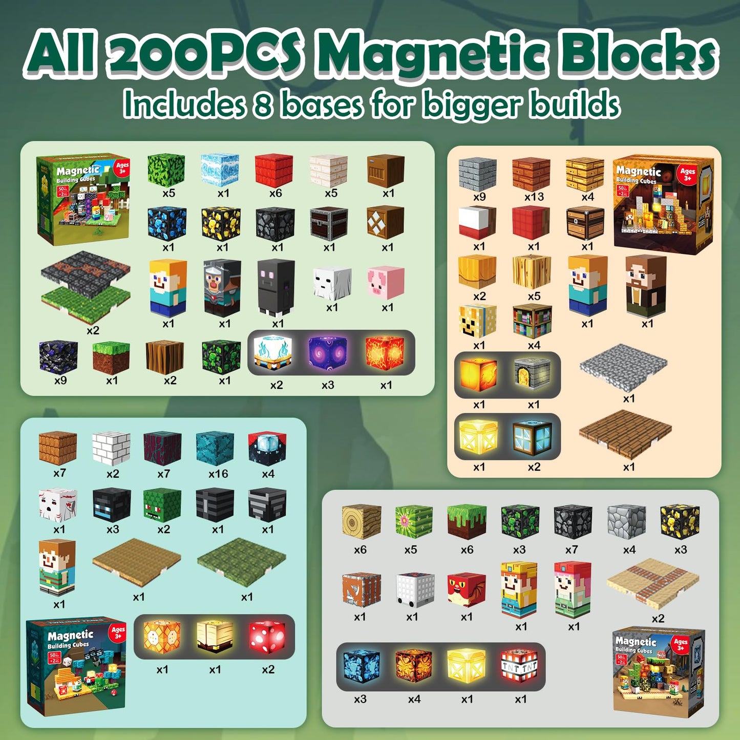 ToyUnited 4-in-1 Magnetic Blocks with 24 Light Up Blocks, 200PCS Magnetic Building Blocks with 8 Base Plates, Screen-Free Magnetic Building Cubes Toy, Christmas Birthday Gifts for Boys Girls Age 3+