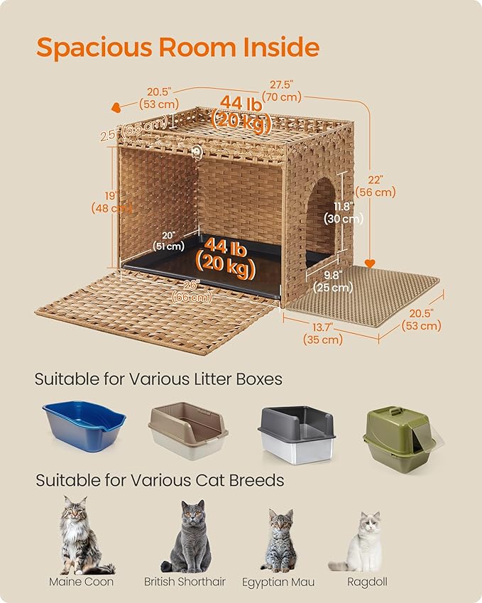 Feandrea Cat Litter Box Enclosure, Handwoven Rattan Hidden Litter Box Furniture