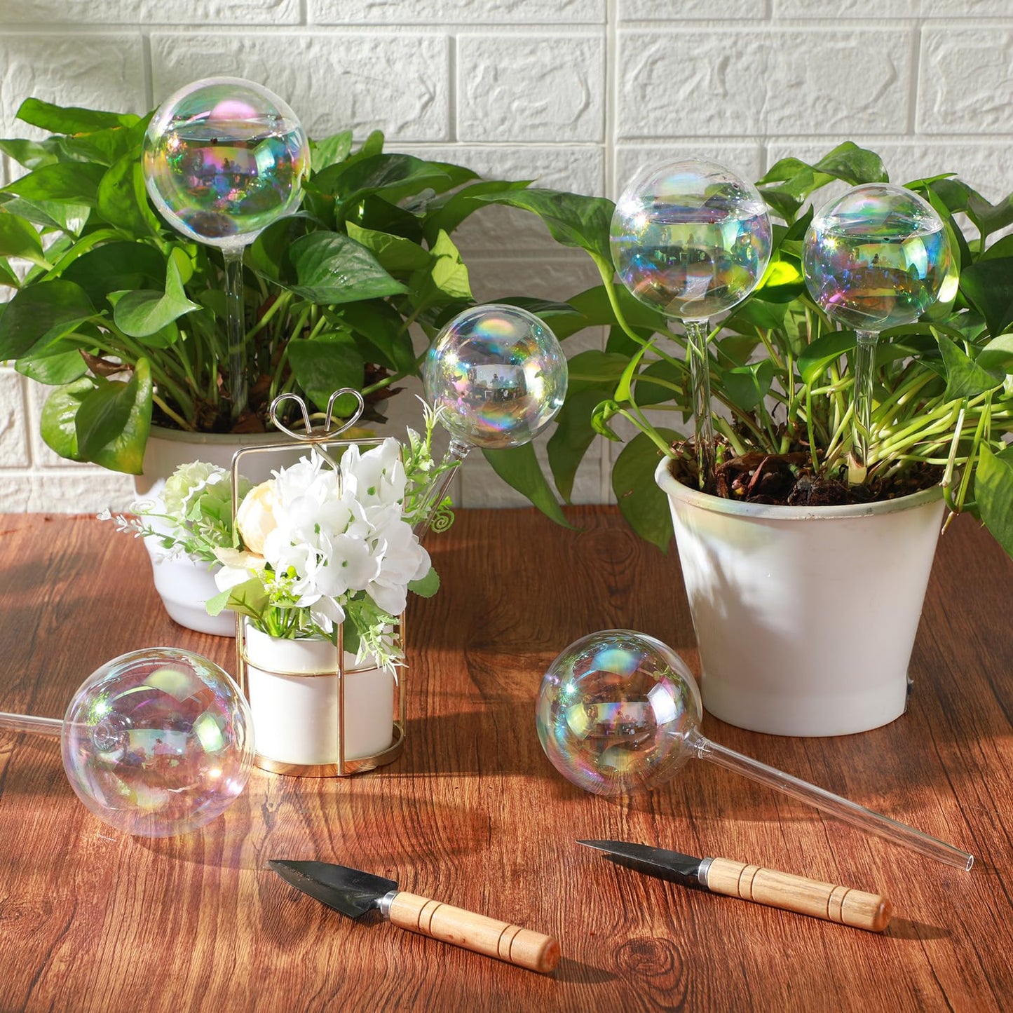 Ferrochef 6 Pcs Iridescent Self Watering Globes Glass Rainbow Plant Self Watering Globes Planter Insert Large Automatic Plant Waterer Bulbs for Planter Indoor Outdoor Garden, 16oz, 13oz, 10oz
