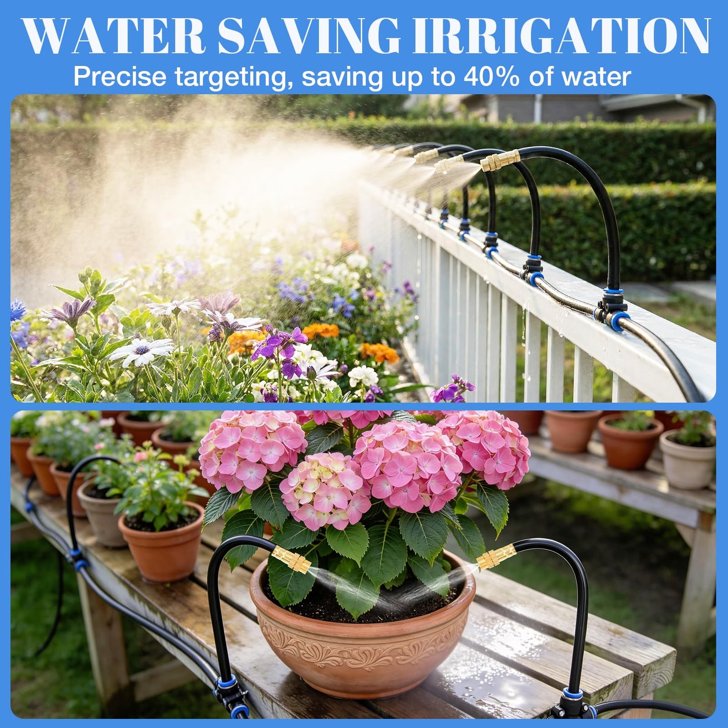 80FT Drip Irrigation Kit, 8mm Hose with 20 Brass 360° Adjustable Nozzles, Quick Connectors Automatic Garden Watering System– Complete Garden Irrigation System for Lawn, Greenhouse, Patio, Yard