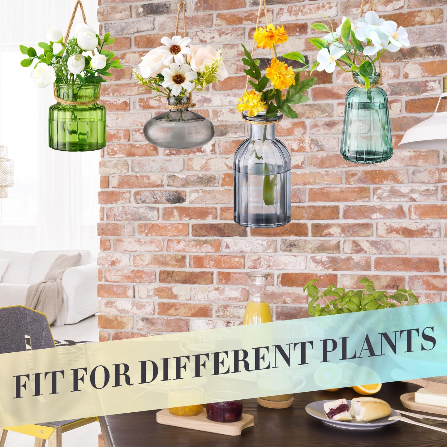 Wonderjune 4 Pcs Stained Glass Hanging Vases Hanging Glass Planters Small Plant Terrarium Pot Containers with Rope for Garden Home Indoor Outdoor Decor, 4 Styles (Artsy)