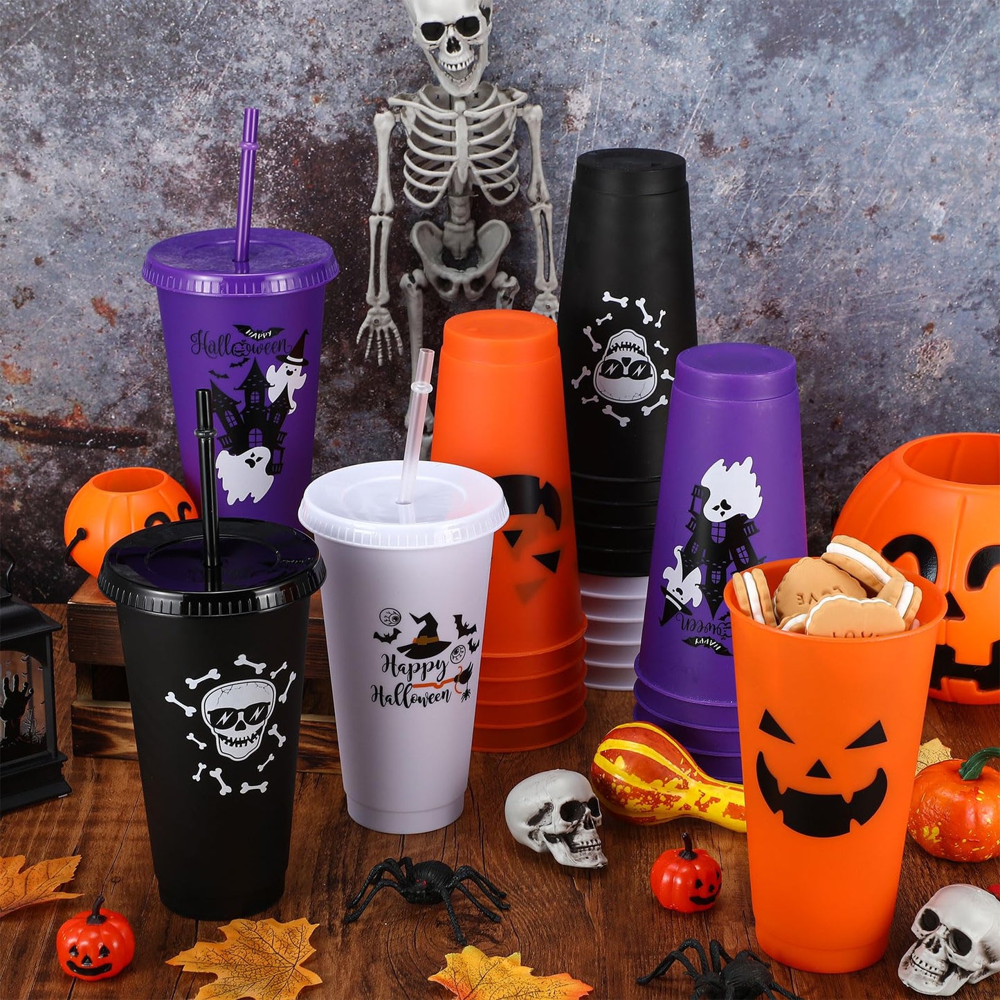Umigy 24 Pcs Halloween Plastic Cups with Lids and Straws 4 Styles Pumpkin Ghost Skull Bat Tumblers Reusable Halloween Party Cups for Kids Adults Birthday Party Favors Supplies