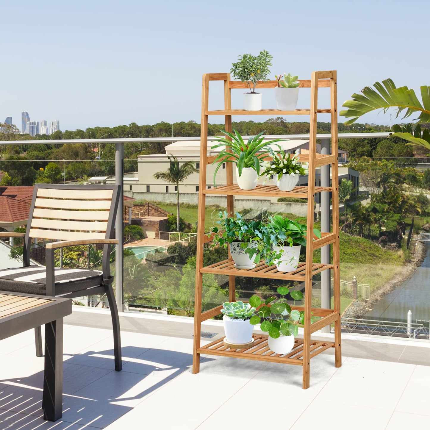 COSTWAY 4-tier Ladder Shelf, Bamboo Plant Stand Rack, Freestanding Bookshelf, Multifunctional Storage Shelves, Flower Stand Rack Holder for Garden, Balcony, Living Room, Bedroom (Natural)