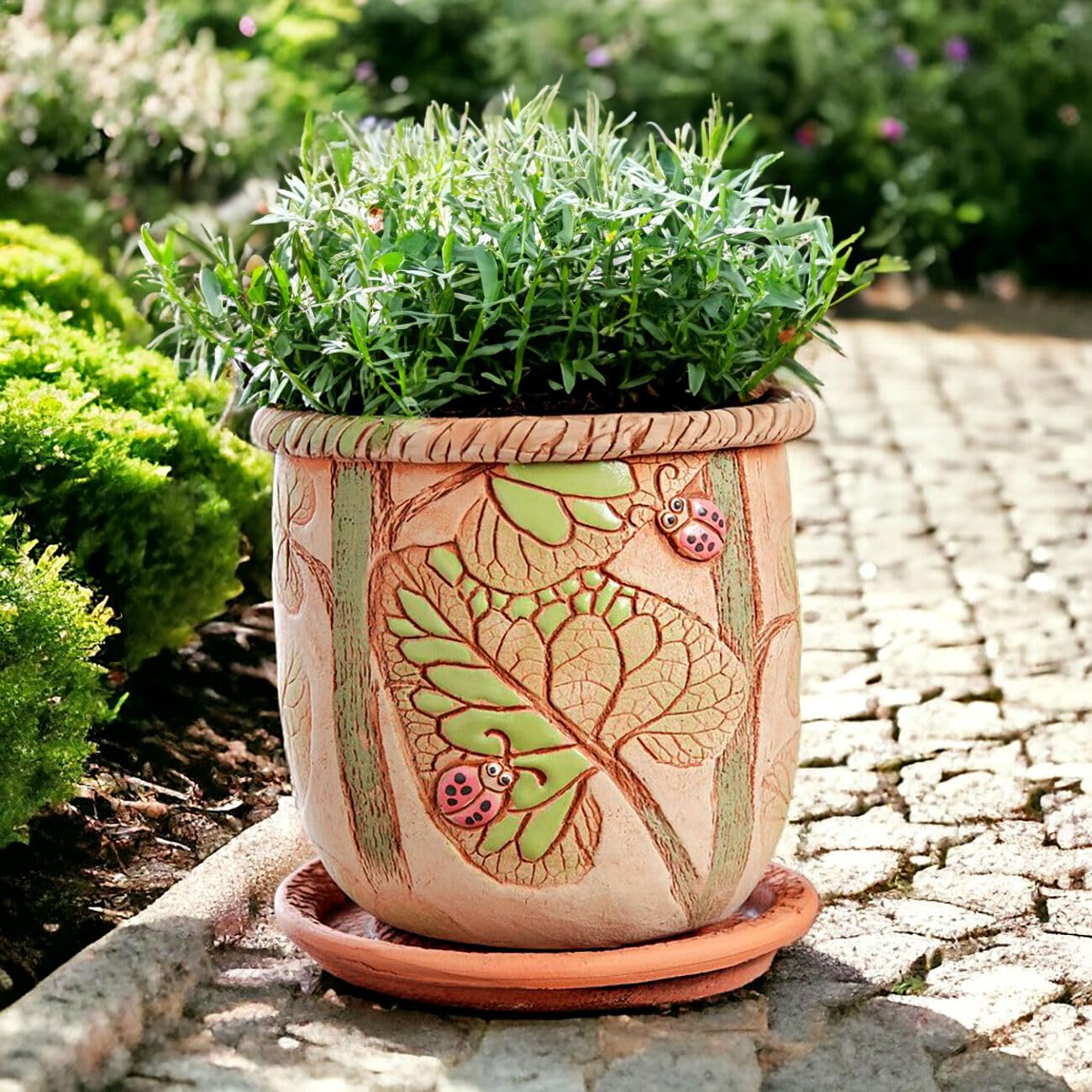 STP GOODS Ceramic Pot with Drainage Hole and Saucer, Plant Pots, Modern Decorative Planters for House Plants Indoor Flowers Plants, Cute Flower Pot - Gifts (Ladybugs (1.6 L))