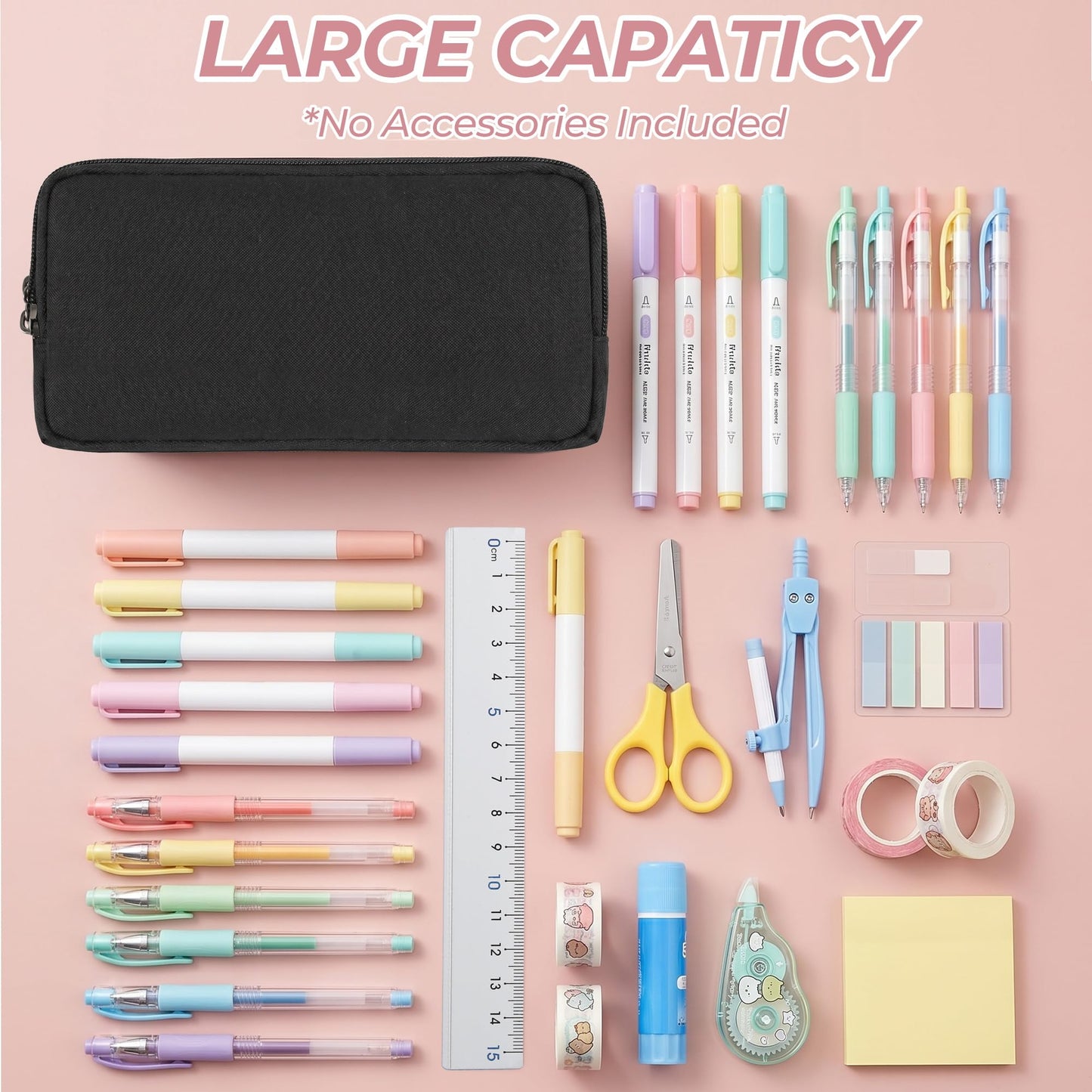 Della Gao Large Pencil Case, Big Capacity Pencil Pouch with 2 Compartments, Office Pencil Bag with Zipper, Big Pen Case for Adults (01-Black)