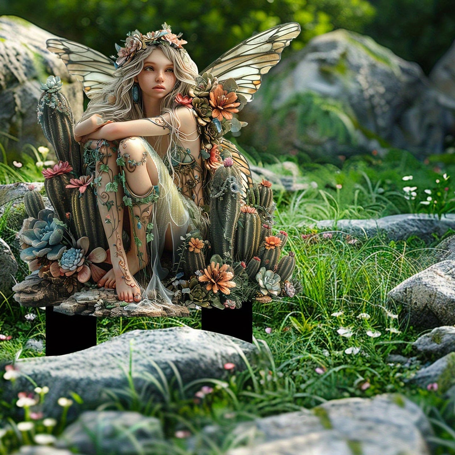 ANNUOZE Fairy Garden Stake Decor, 2D Flat Acrylic Fairy Garden Decor Panel, Elf Yard Sign for Outdoor Indoor Yard Lawn Plants Pots, Fairy Garden Accessories (Cactus Fairy)
