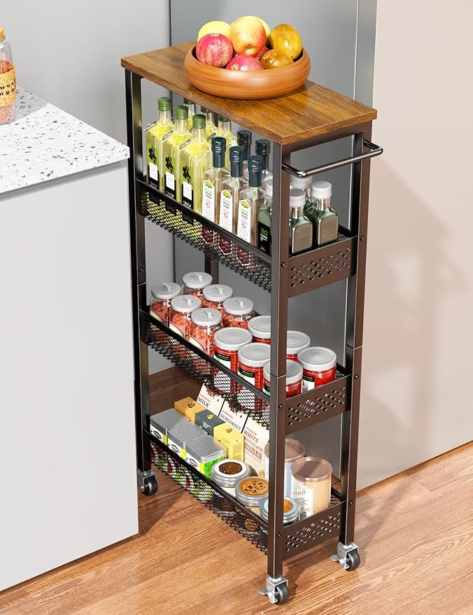 OKZEST Utility Slim Storage Cart, 4 Tier Small Rolling Kitchen Laundry Room Cart