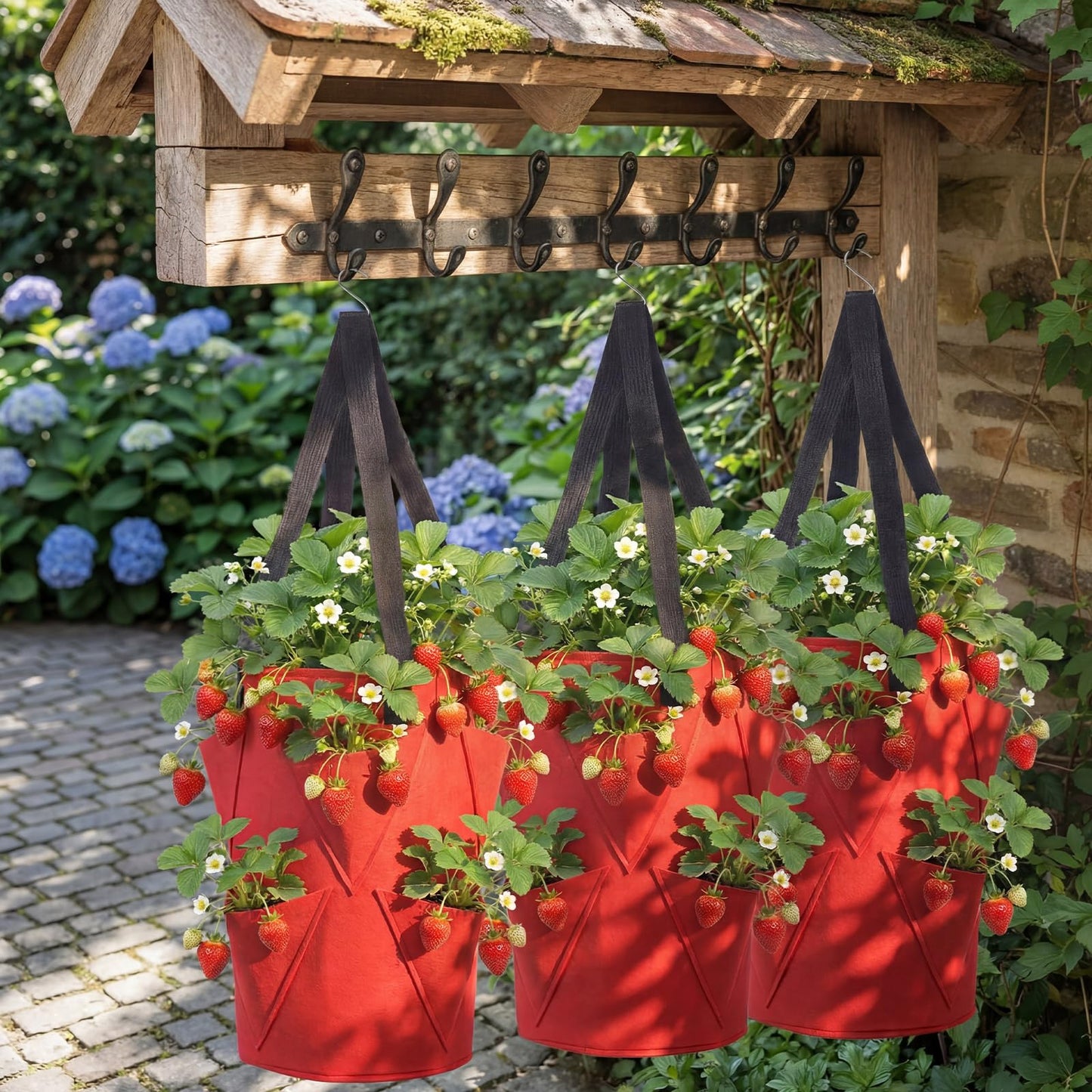 SATINIOR 10 Pack Upside Down Strawberry Planter Set Hanging Vegetables Grow Bags with 10 S Hooks, 3 Gallon Fabric Planting Bags for Easy Vertical Gardening(Red)