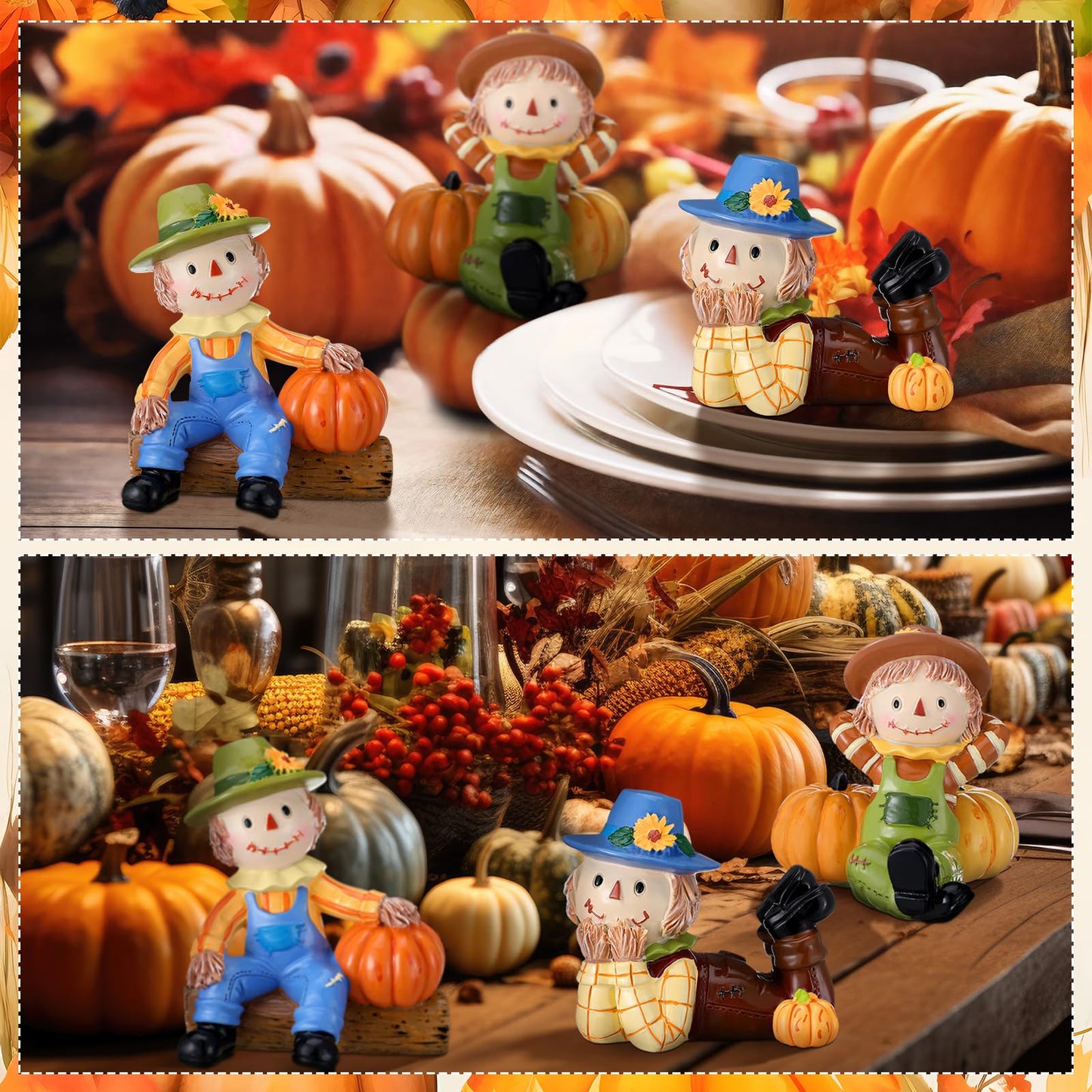 ShinyRelief 3 Pcs 3D Thanksgiving Scarecrows Table Decor Figurines with Pumpkin Fall Table Centerpiece Decor Autumn Harvest Resin Statue Gifts for Kitchen Home Office Tiered Tray Shelf Party Supplies
