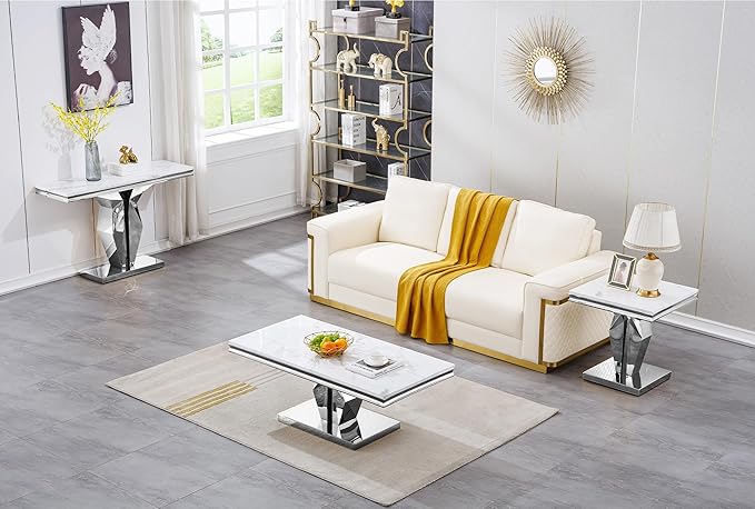 Henf 47" Marble Console Table Modern White Faux Marble Entryway Table