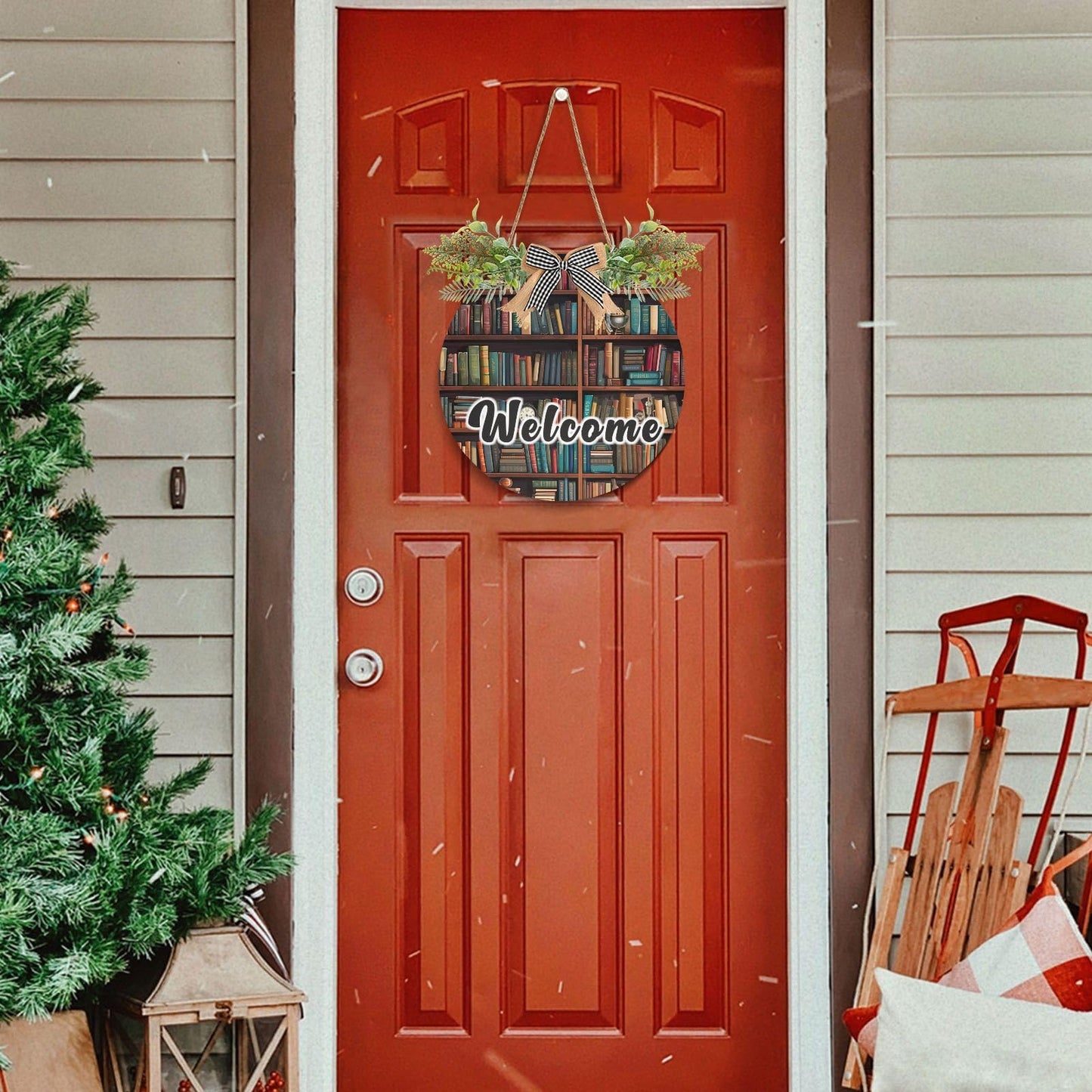 YETTASBIN Welcome Sign Library Bookshelf Front Door Sign, Waterproof Wall Hanging Plaque Decorative Porch Wreath for Housewarming, Farmhouse Yard Garden Home Holiday Decor, 12 x 12 Inch