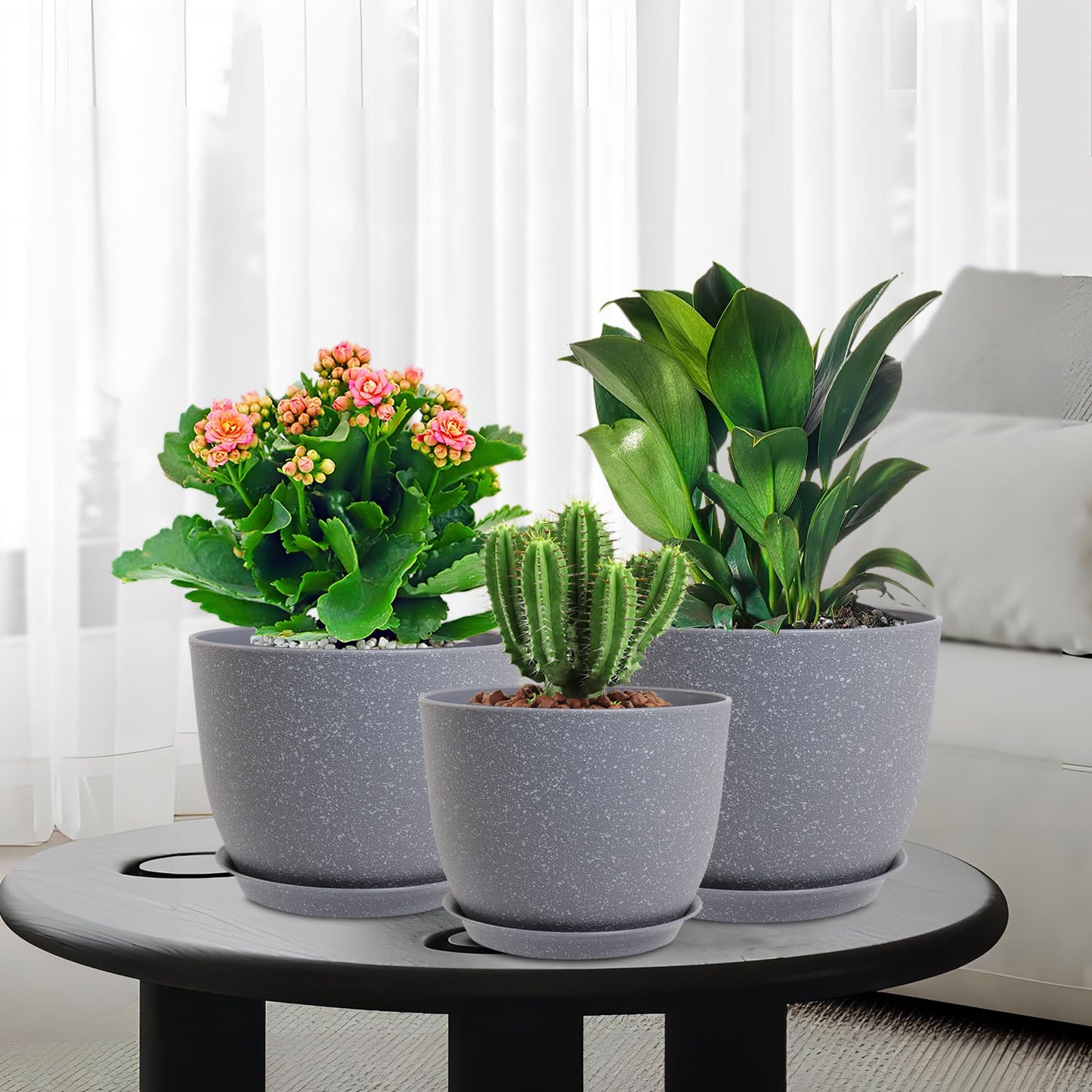 WSMKSZ 10/9/8 inch Plant Pots, Set of 3 Modern Decorative Plastic Planters with Drainage Holes and Saucers for Garden House Plants, Flower Pots for Indoor Outdoor Plants, Speckled Grey