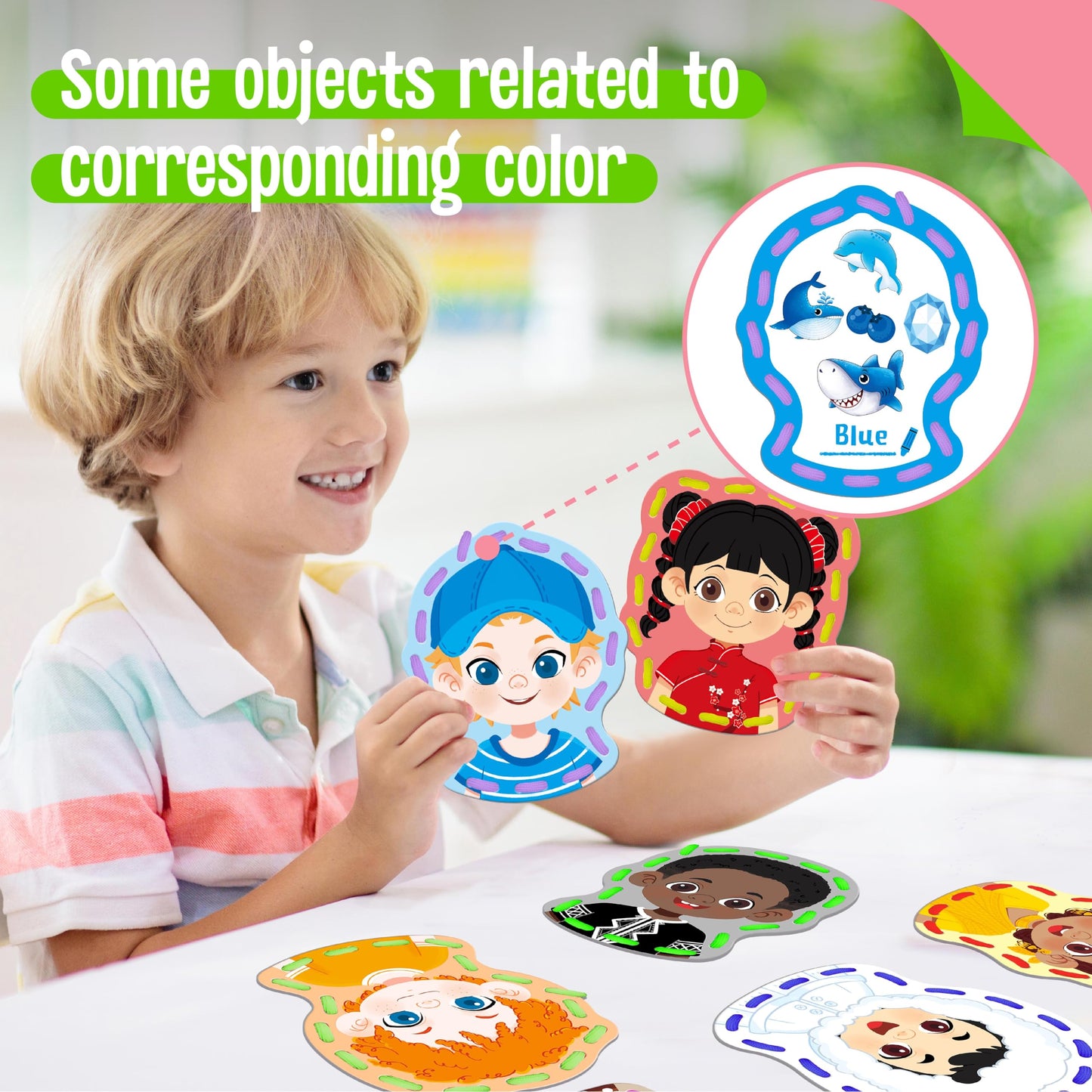 SpriteGru 9 Pieces Happy Face Lacing Cards, 9 Double Sided Color Sewing Cards with 9 Colorful Laces, Educational & Learning Activity Games, Imagination Development Lacing Toys for Preschoolers, Kids