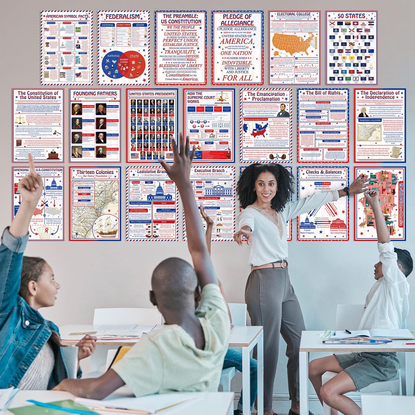 20 PCS US Government and Civics Posters Set US History Social Studies Classroom Decorations American History Bulletin Board Wall Art for Middle School High School Teachers Educational Supplies