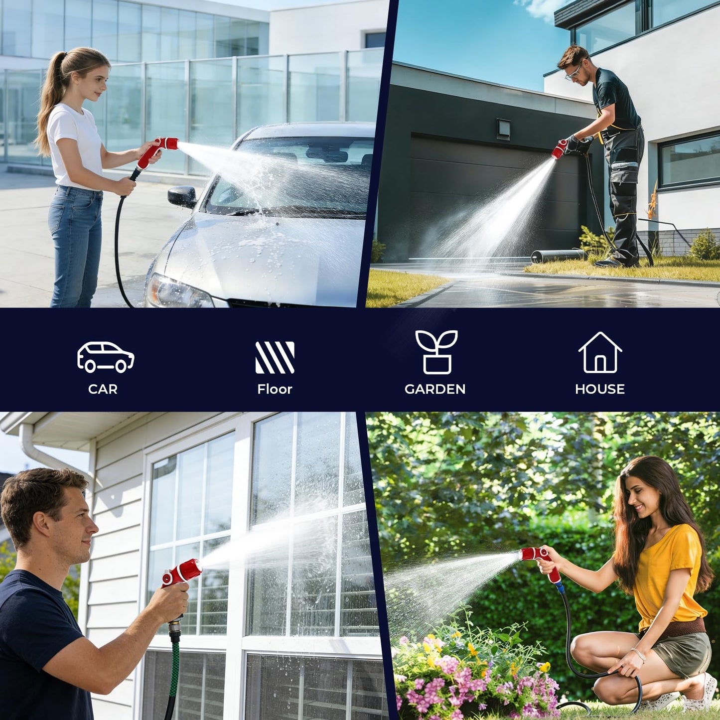 HugeDawn Garden Hose Nozzle, Heavy Duty High Pressure Metal Hose Spray Nozzle with 30% Greater Water High Flow, 3 Spray Patterns, Non-Slip Thumb Control for Quick Watering & Cleaning (Red)