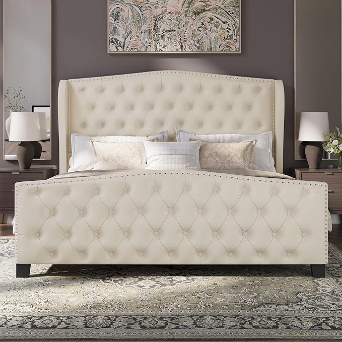 BRELTAM Upholstered Queen Size Bed Frame Velvet Beige Tufted Platform Bed Frame