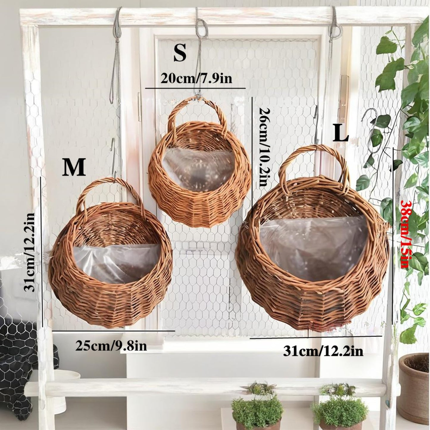 QRZLP Wall Hanging Flower Basket, Handmade Wicker Hanging Basket for Plant Wall Mount Rattan Chlorophytum Comosum Hanging Basket for Front Door, Home, Garden. (S)