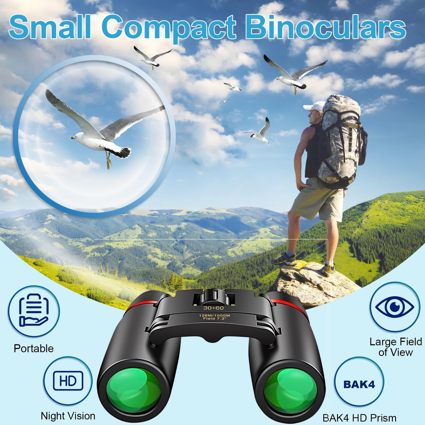 PISEZ 30X60 Compact Binoculars for Adults and Kids,Lightweight Foldable Easy Focus Small Binoculars for Bird Watching Hunting Concert Traveling Theater Opera Sightseeing