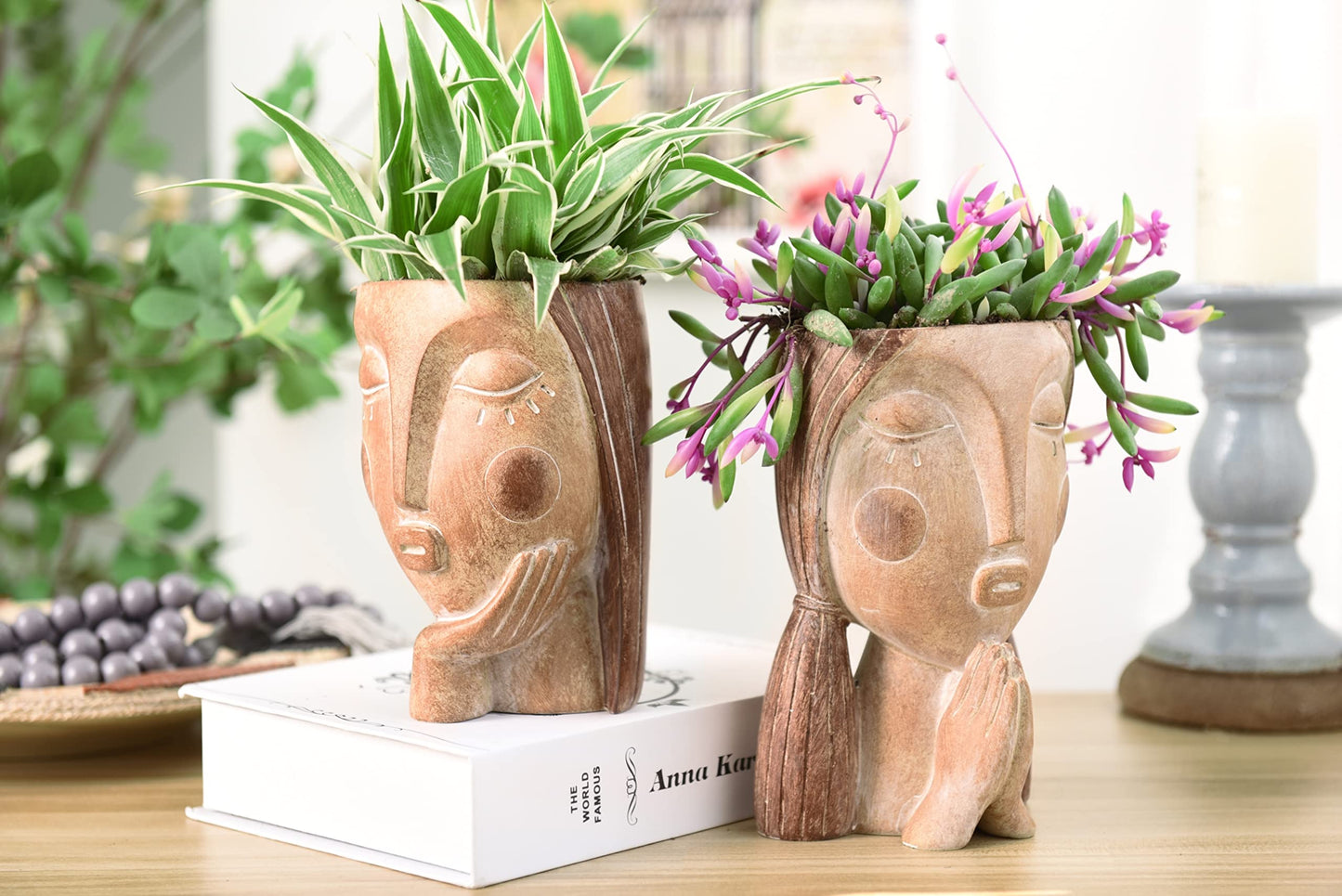 Saysmile Head Planters for Indoor Plants, Face Flower Pot Head Planter Succulent Planters Unique Face Planter with Drainage Hole - Rustic Thinking Girl Closed Eyes