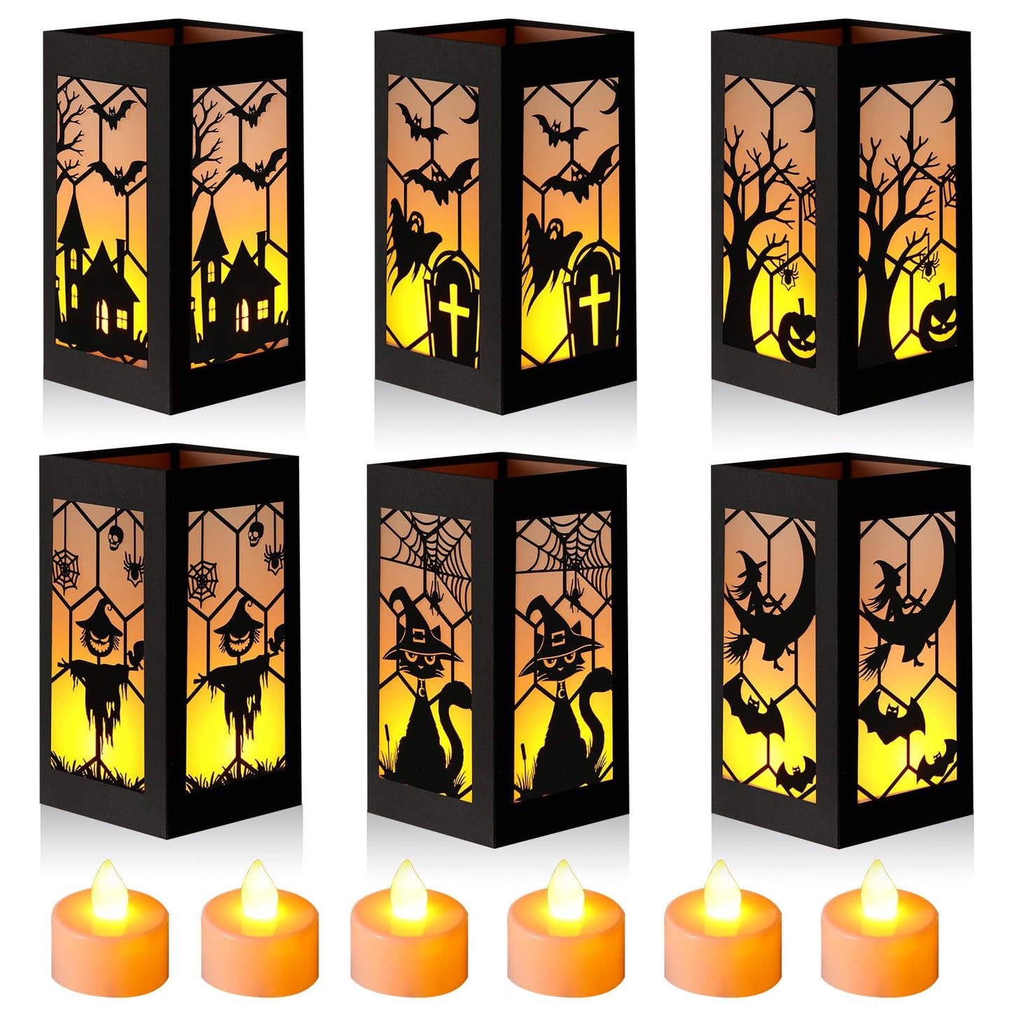 Riakrum 6 Pcs Halloween Table Decorations Table Centerpieces Boxes with Battery Operated Candle Holders Ghost Spiders Bat Silhouette Sketch Paper Lantern Boxes for Movie Night Party (Yellow Light)