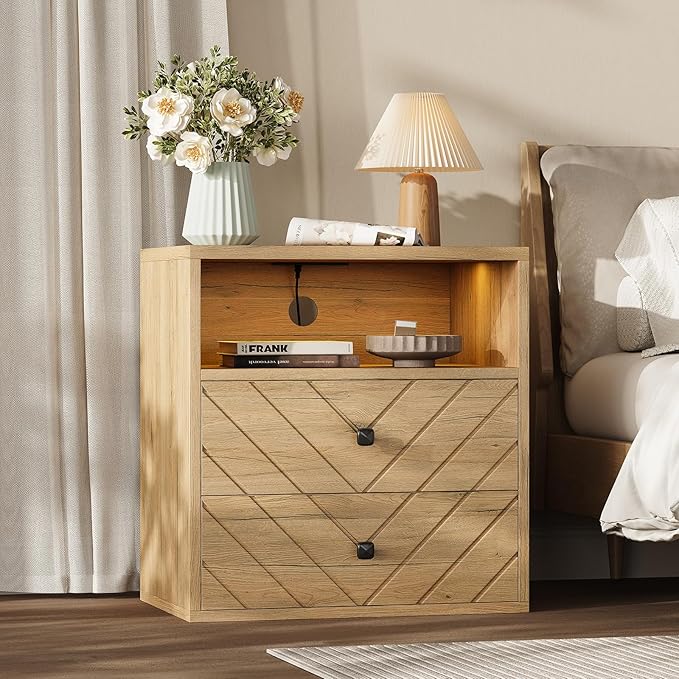 Modern Nightstand with Charging Station, LED Bedside Table with 2 Storage