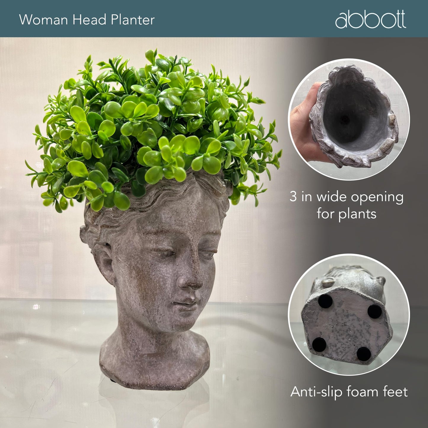 Abbott Collection Goddess Head Wall Planter – Extra Small Cement Indoor and Outdoor Planter Pot – Grecian Woman Statue Head Planter for Flowers and Succulents (Grey, 6.5" Tall, 2.75" Opening)
