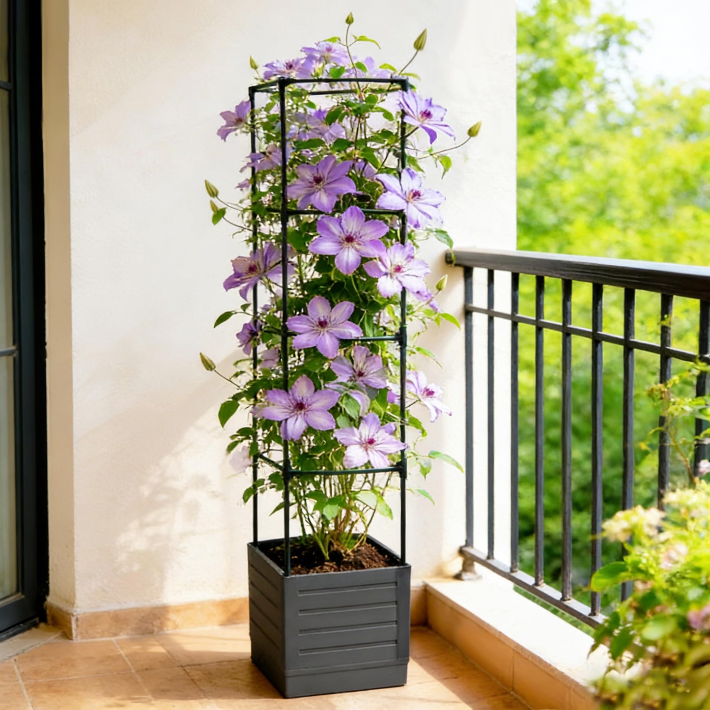 SYITCUN Tomato Planter with Trellis, 57 Inch Self-Watering Planter Box 2-Pack, Grey Planter with Metal Support for Outdoor Indoor Climbing Plants
