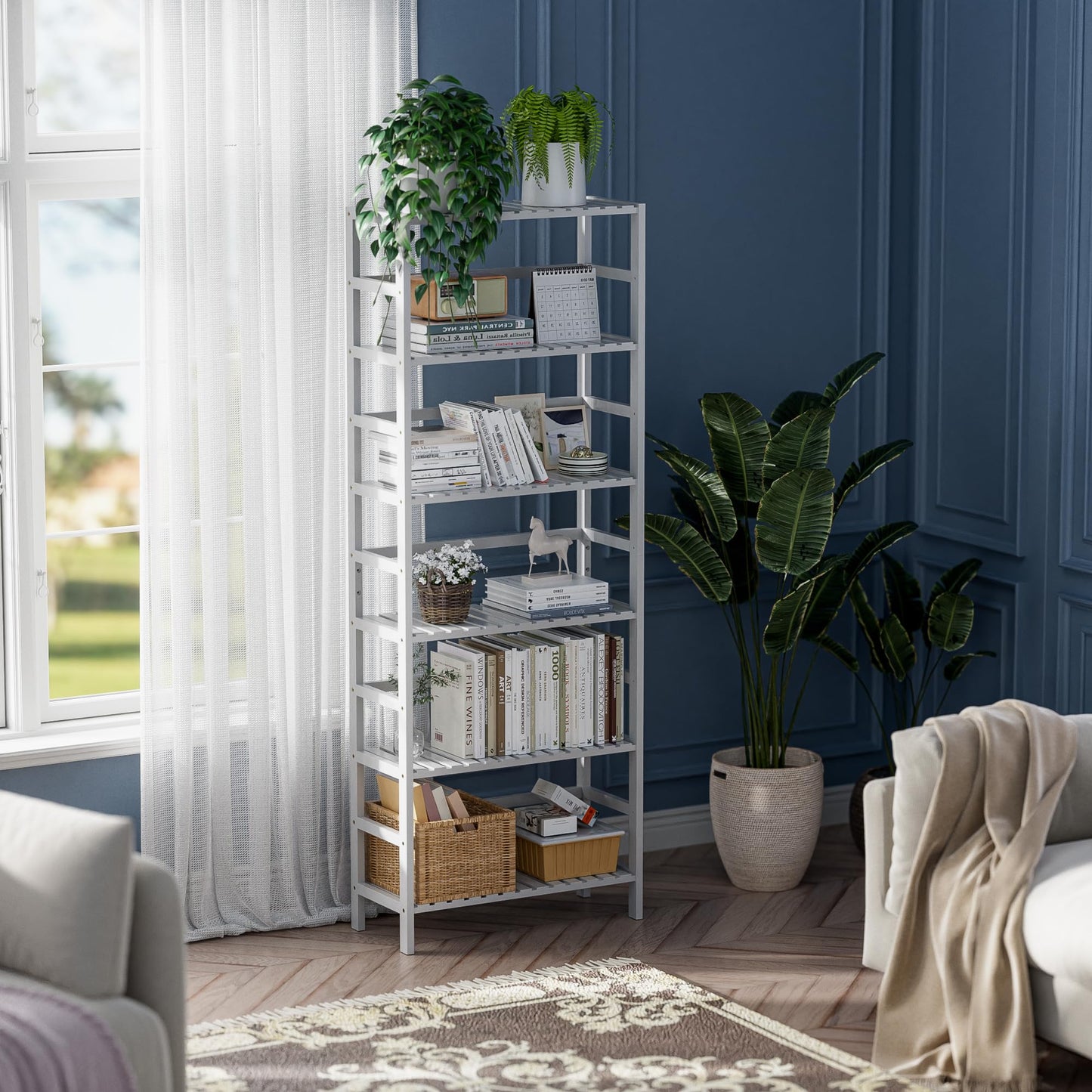 HITNET Bookshelf, 6-Tier Tall Bookcase Freestanding Bamboo Book Shelf Bathroom Storage Organizer with Adjustable Shelves, White