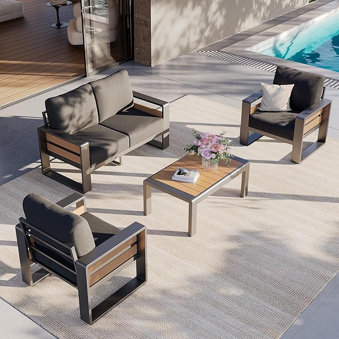 Aoxun Aluminum Patio Furniture Set, 4 Seats Sectional Metal Patio Furniture