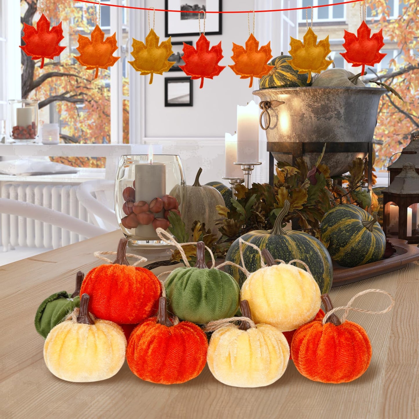 Janinka 20 Pcs Thanksgiving Tree Decoration Velvet 2 Inch Fall Leaves Pumpkin Hanging Ornament Thanksgiving Tree Ornament Velvet Maple Leaf Pumpkin Small Trees Decorations for Farmhouse Harvest Autumn