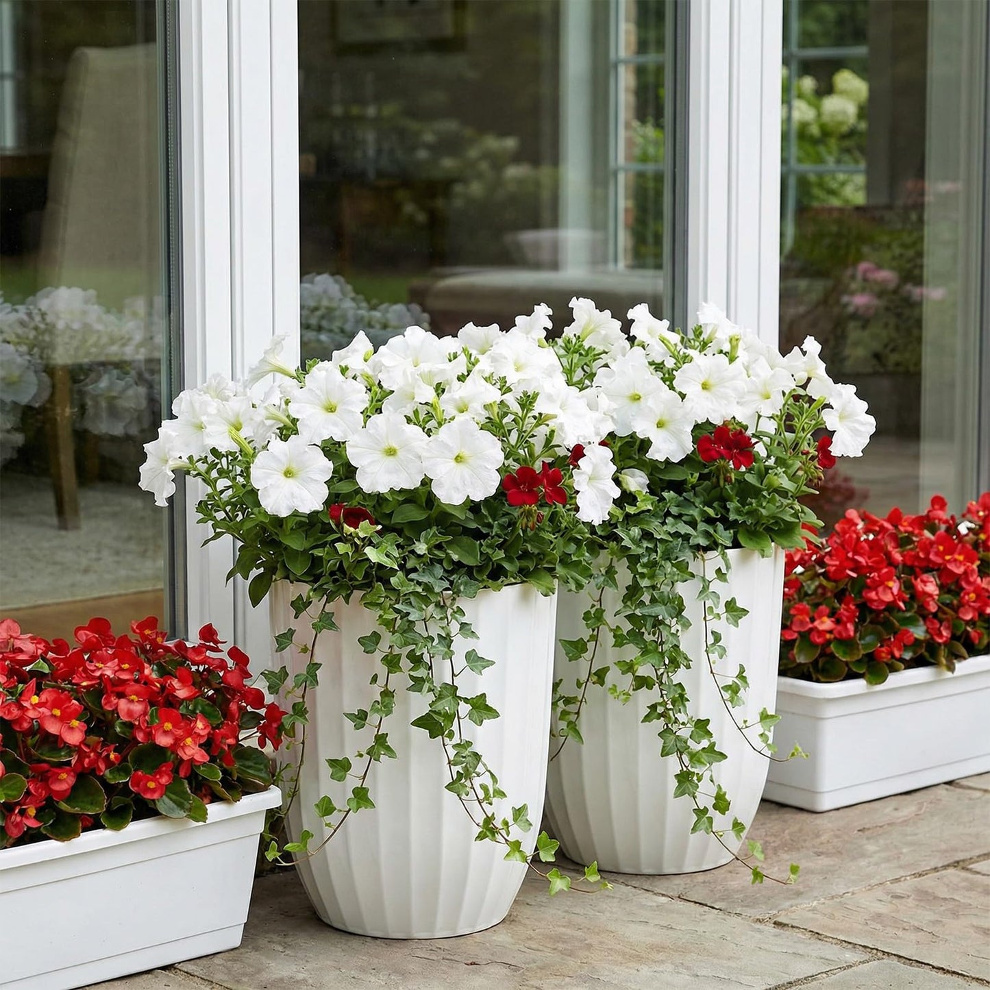 Briwooody 2 Pcs Tall Planter 12.6" Large Round Plastic Plant Pots with Drainage Hole and Tray White Modern Planter for Indoor Outdoor Plants Home Office Kitchen Bedroom Living Room Porch Patio Decor
