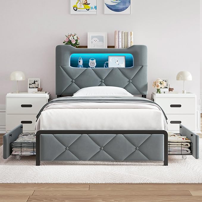 Jocoevol Twin Upholstered LED Bed Frame