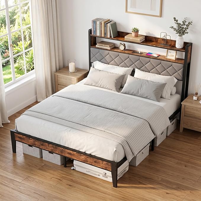 Queen Bed Frame with Charging Station, Upholstered Headboard, Metal Platform
