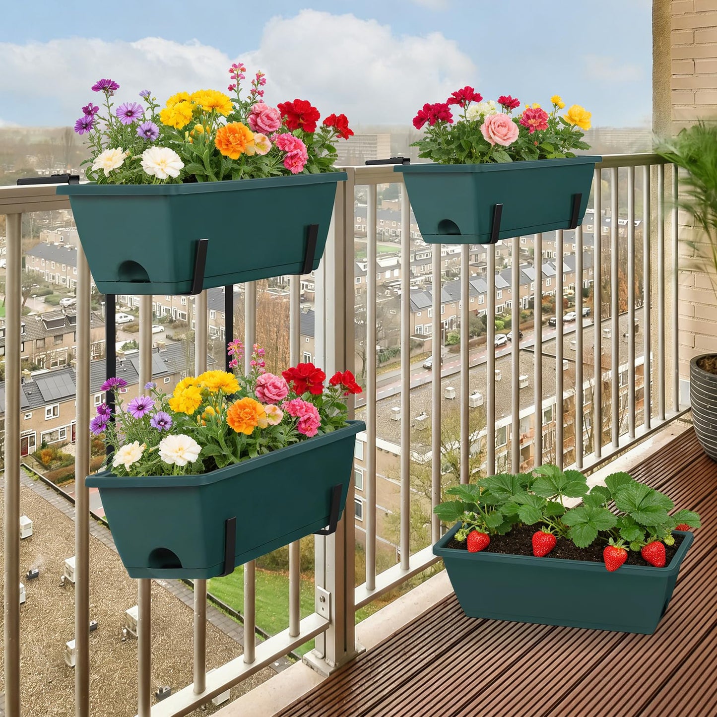 Deck Railing Planter Boxes 2 Tier Green Outdoor Hanging Planters Set of 2 with 4 Pack Flower Boxes 16.9 Inch Window Boxes Planters with Adjustable Brackets Balcony Planters for Garden Porch Patio