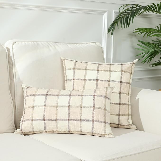 Stellhome Pack of 2 Linen Buffalo Check Decorative Throw Pillow Covers