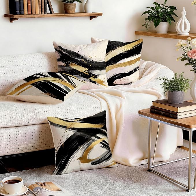 OBSEDE Abstract Black Gold Ink Brush Strokes Throw Pillow Covers 18 × 18 in