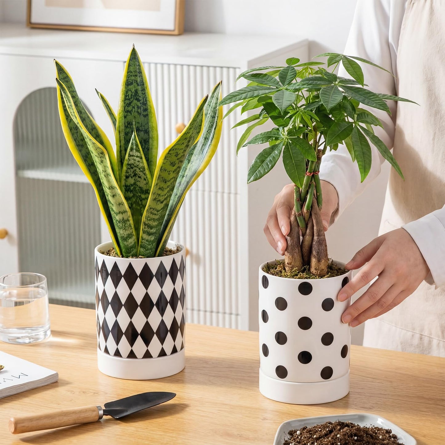 Ferrochef Ceramic Plant Pots Set of 2, 6 Inch Flower Pots with Drainage Hole Modern Polka Dot Diamond Planter for Indoor Outdoor, Black and White