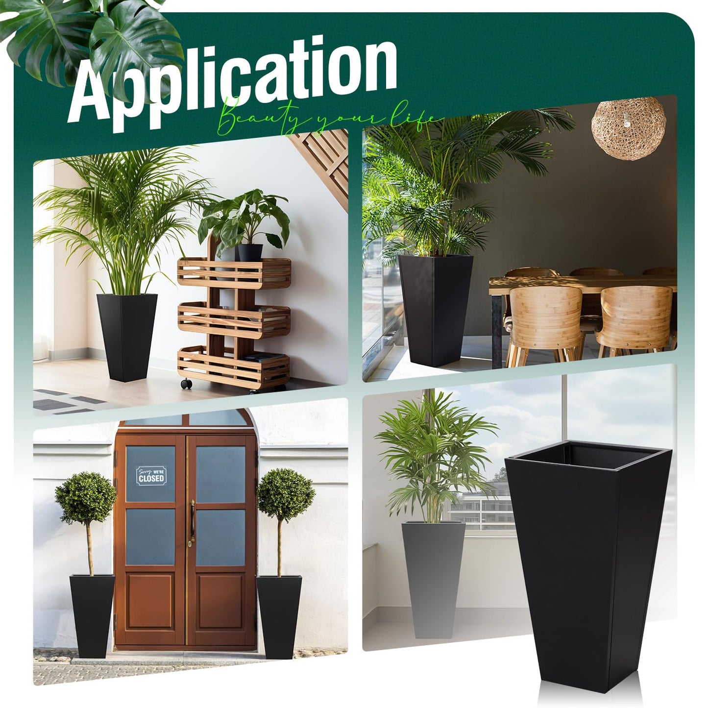 Tall Black Planter Tapered Metal Modern Flower Plant Pot Black Square Galvanized Steel Planter 30In Indoor Outdoor for Front Porch Garden Patio Grande Plant Tree Commercial Residential Heavy Duty