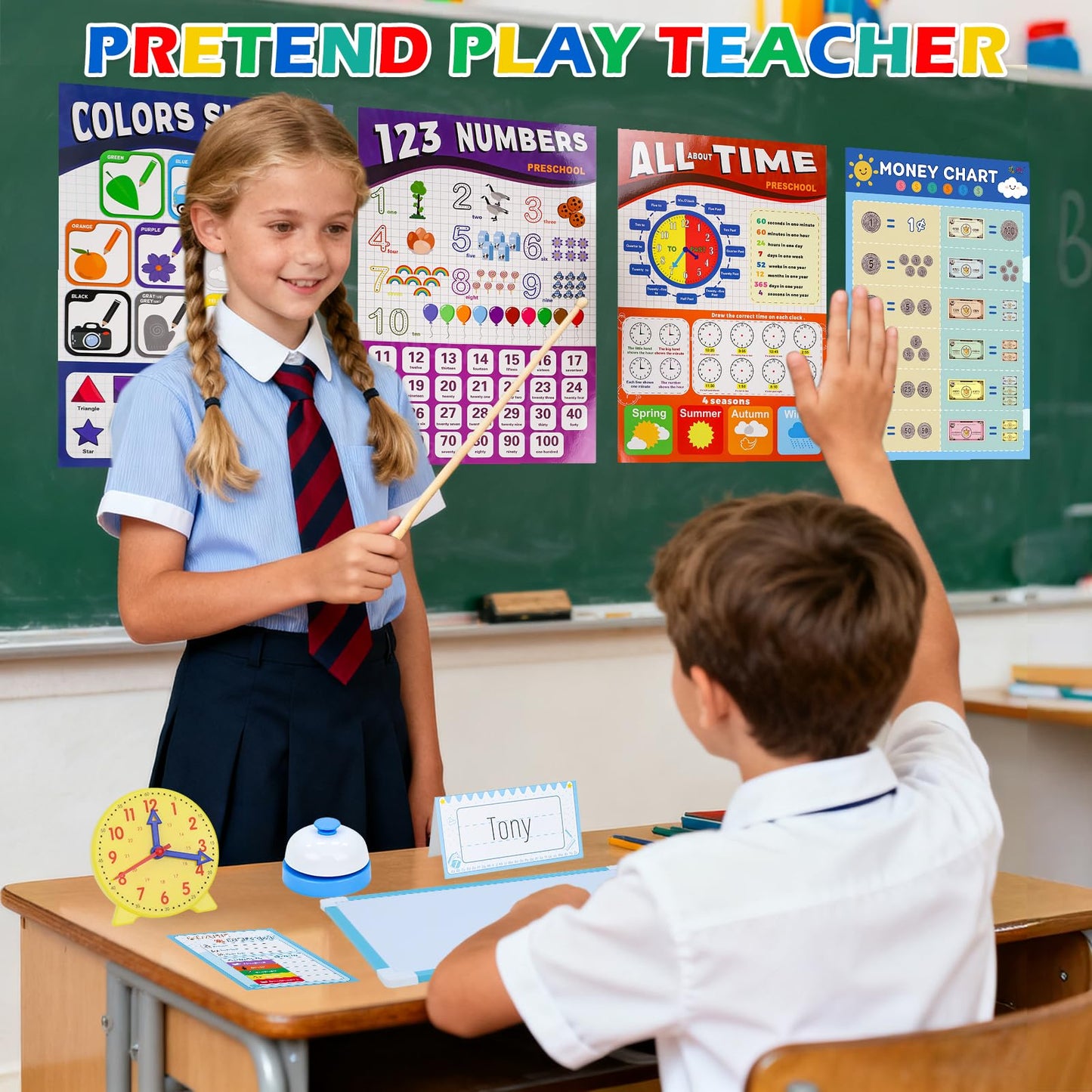 Gifts2U Pretend Teacher Playset for Kids, Play School Toys for Girls Boys with Teacher Bag, Whiteboard, Play Money, Learning Clock, Educational Posters and Play Teaching Supplies