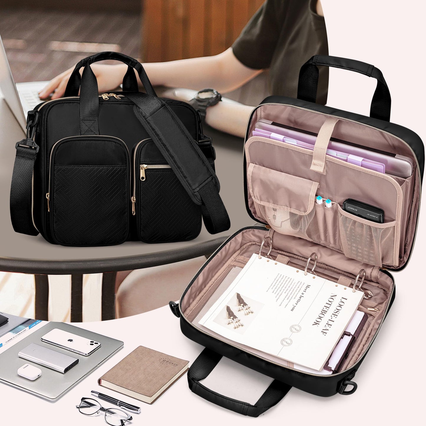 Prokva 3 Ring Zipper Binder, 2 Inch Ring Binder Organizer Bag with Shoulder Strap Fits 13 Inch Laptop and 500 Sheets, Black (Empty Bag Only)
