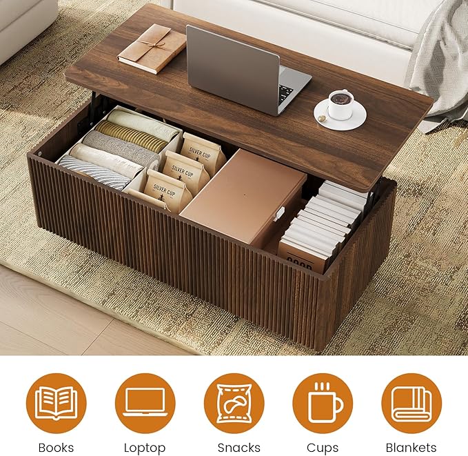 FABATO Mid Century Modern Coffee Table, Wooden Fluted Center Table with Large Hidden Compartment, 41.7” Rectangle with Round Corners, Lift Up Farmhouse Wood Table for Living Room, Home Office, Walnut
