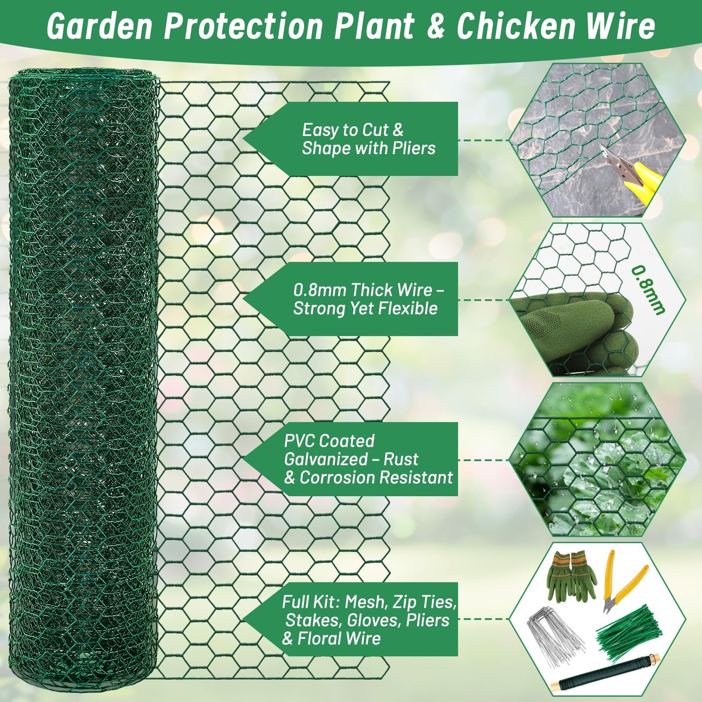 Convivium Plant Protectors from Animals, 0.8mm Free-Cut Green Chicken Wire Mesh, PVC Coated Tree Trunk Guard & Garden Fence for Outdoor Plants with Zip Ties, Stakes, Pliers, Gloves(16.4Ft*16In)
