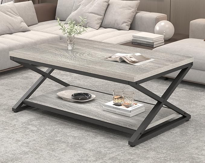 HSH Coffee Table with Storage, Farmhouse Grey Living Room Center Table