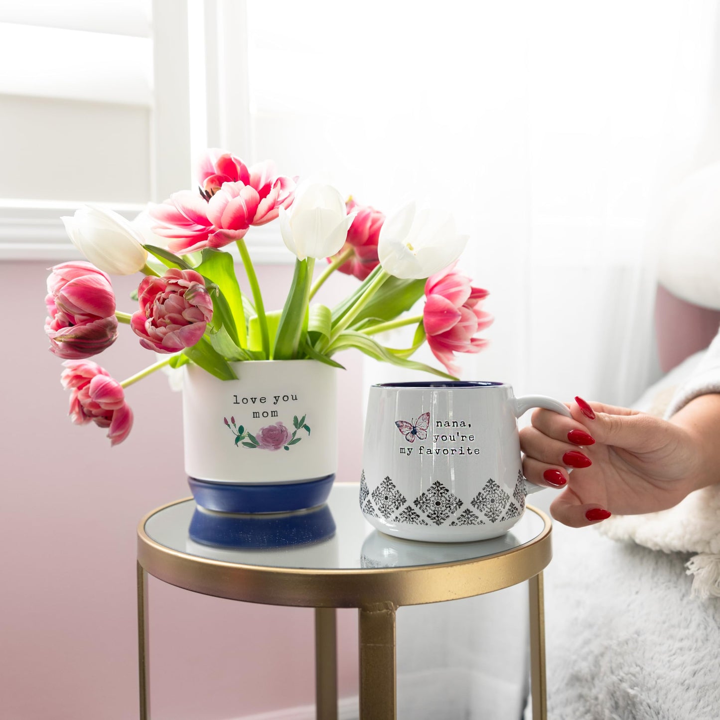 Pavilion Gift Company - Mom - Planter with Attached Dish, Ceramic Planter with Drainage Hole, Succulent Orchid Flower Pot, Unique, 1 Count (Pack of 1), 4.75 x 4.25 inches